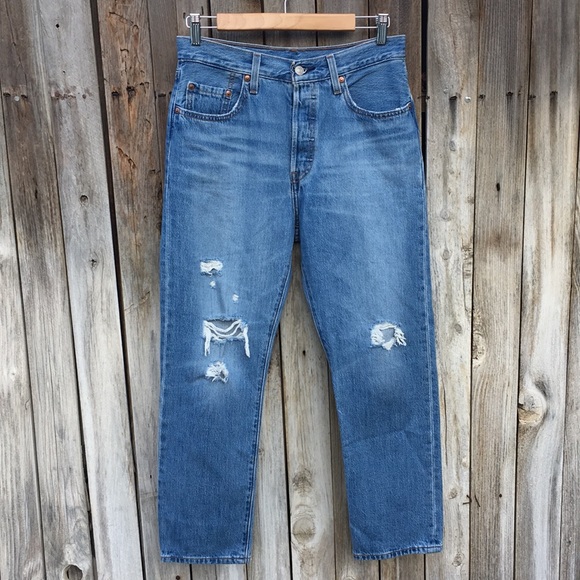 Levi’s 501 Original High Rise Straight Leg Distressed Crop Jean Sansome Blue 28